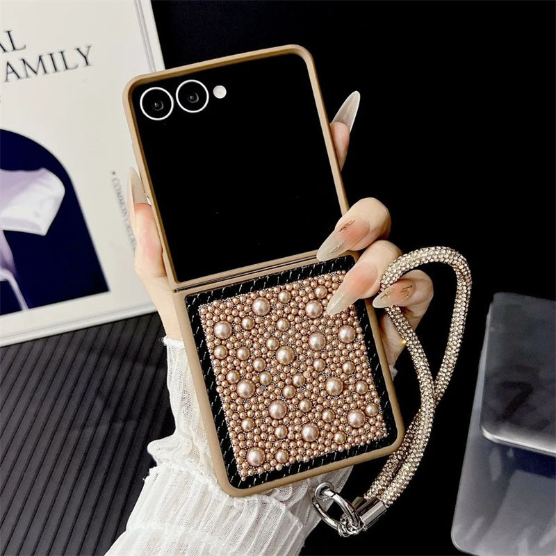 3D Water Droplet Pearl Case for Samsung Z Flip 7/6/5/4 – Shiny Wristband Bracelet & Soft Frame