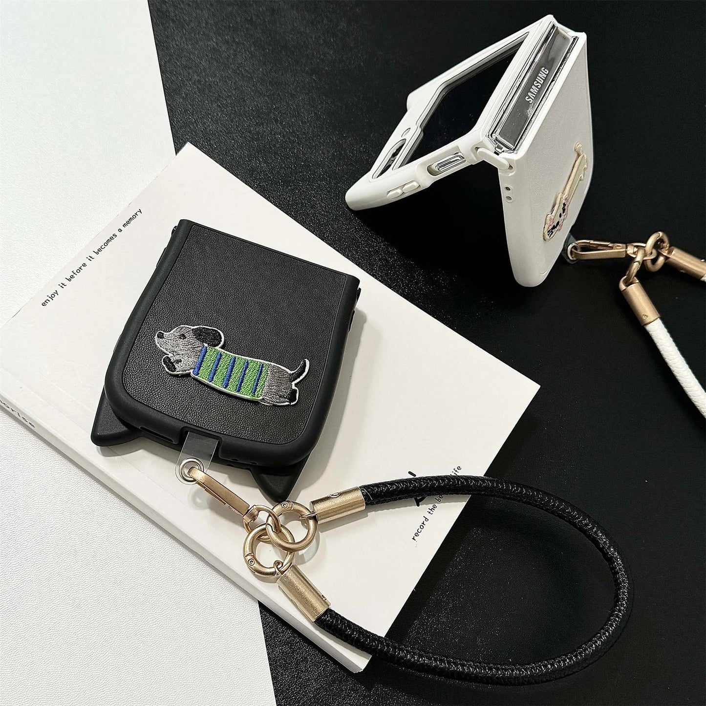 Dopamine Color Embroidery Cat Ear Phone Case with Hand Strap for Galaxy Z Flip 4/5/6