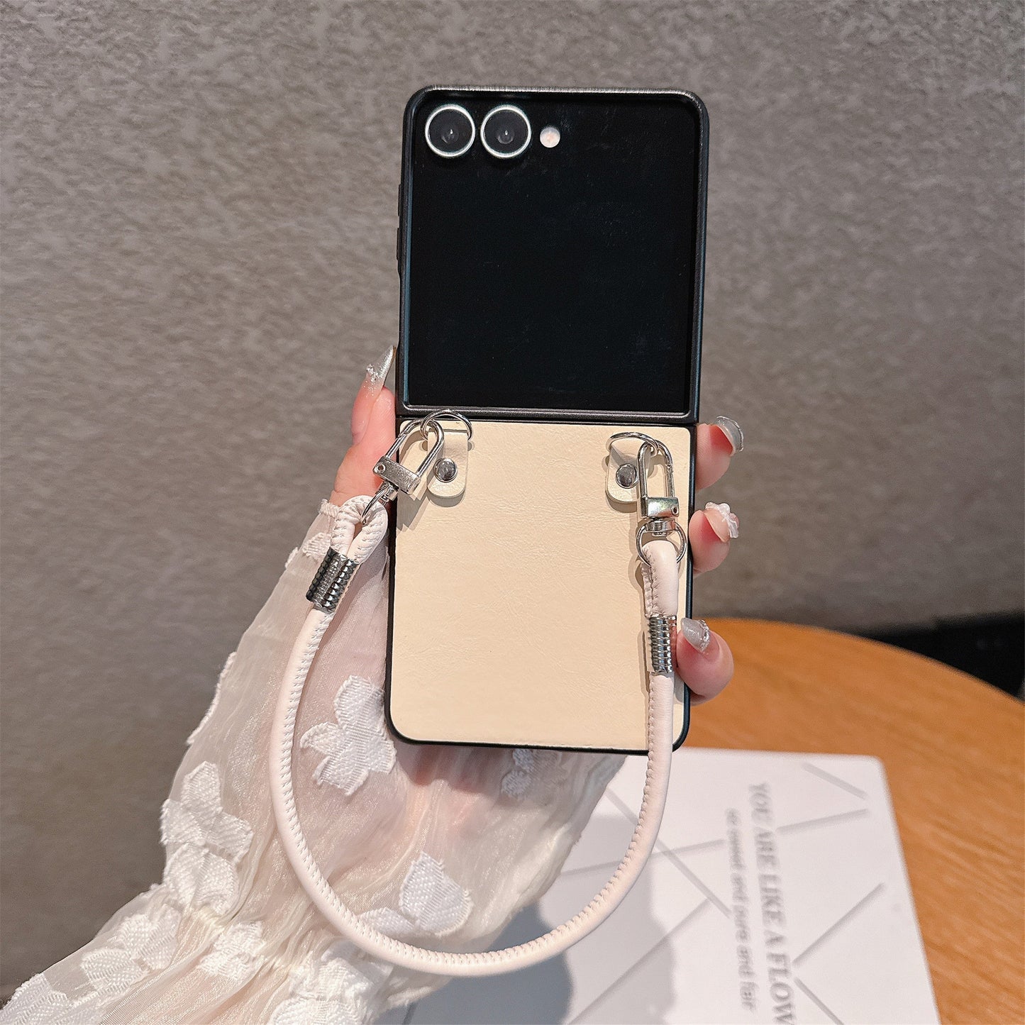 Chic Glossy Leather Z Flip Case with Wrist Strap