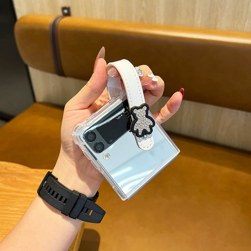 Mirror Case With Leather Wrist Strap Stand For Galaxy Z Flip 4 5G
