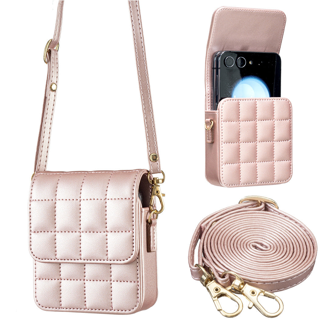 Luxury Crossbody Phone Bag for Samsung Galaxy Z Flip Series – Quilted PU Leather Case with Shoulder Strap