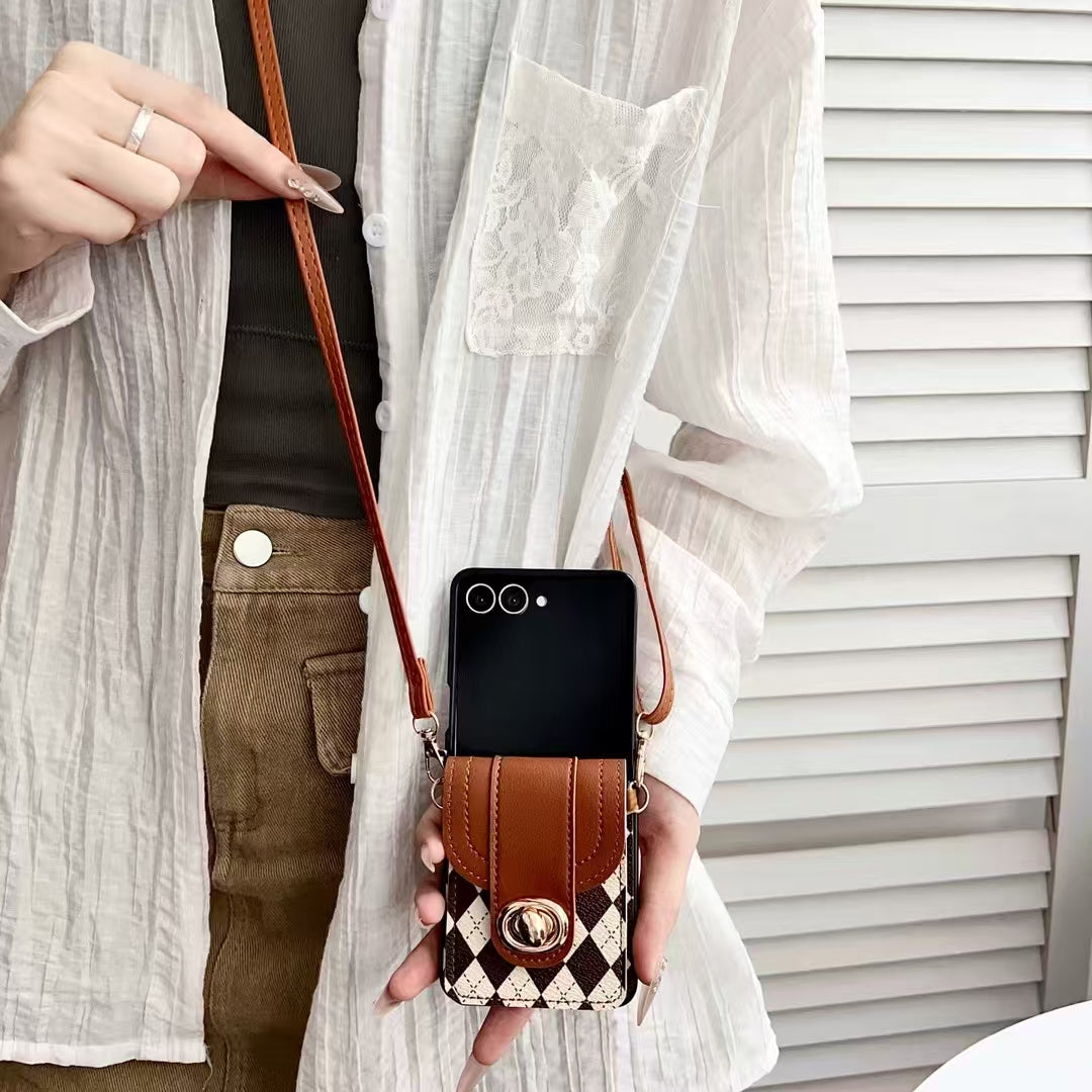 Fashion Neck Strap Handbag with Card Slot Wallet PU Leather Cover for Samsung Galaxy Z Flip 4 / 5 / 6 / 7