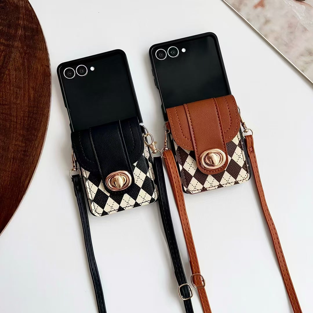 Fashion Neck Strap Handbag with Card Slot Wallet PU Leather Cover for Samsung Galaxy Z Flip 4 / 5 / 6 / 7