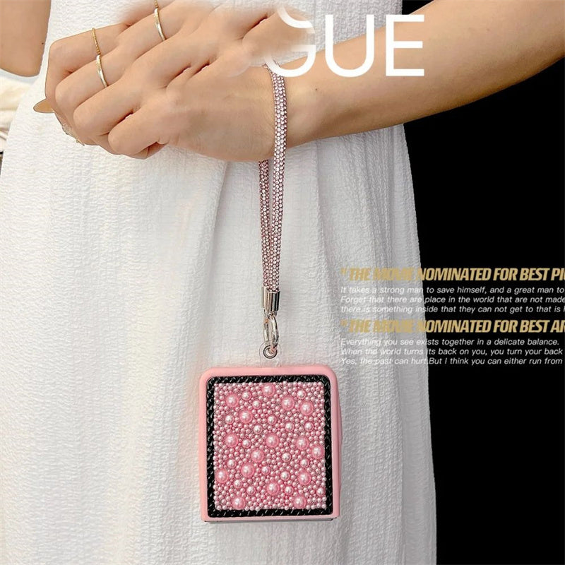 3D Water Droplet Pearl Case for Samsung Z Flip 7/6/5/4 – Shiny Wristband Bracelet & Soft Frame