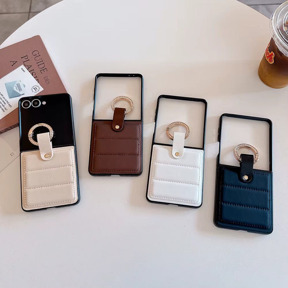 Luxury Plaid Soft Leather Anti-Fall Ring Holder Case for Samsung Galaxy Z Flip 4 / 5 / 6 / 7