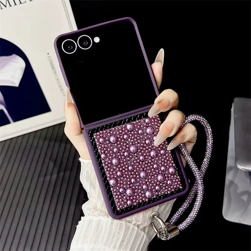 3D Water Droplet Pearl Case for Samsung Z Flip 7/6/5/4 – Shiny Wristband Bracelet & Soft Frame