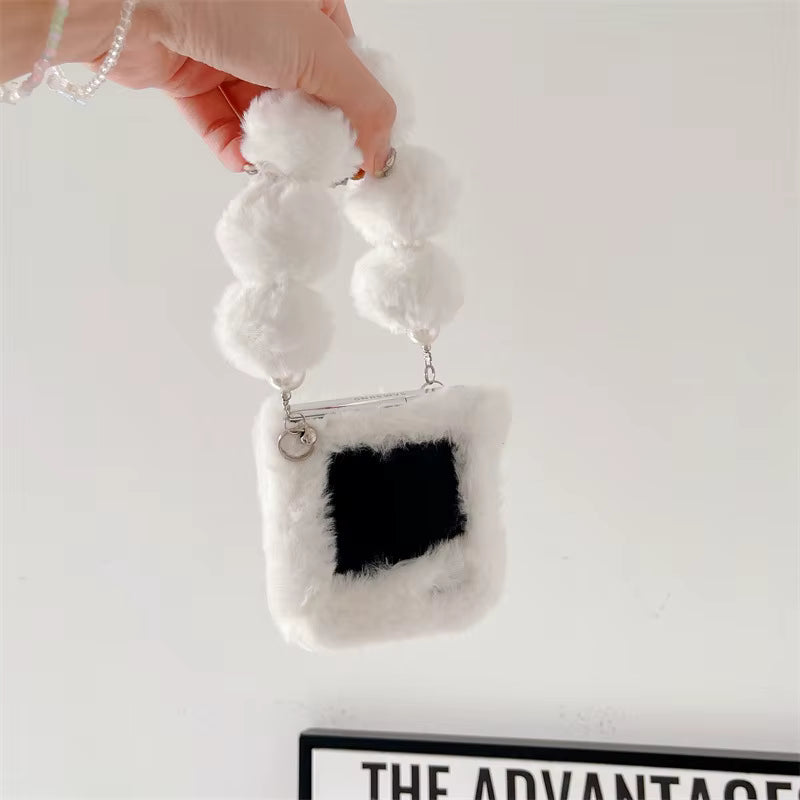 Plush Phone Case with Pom-Pom Chain Strap for Samsung Galaxy Z Flip 4 / 5 / 6 / 7 – Fall Warm Fluffy Shockproof Protective Cover for Women