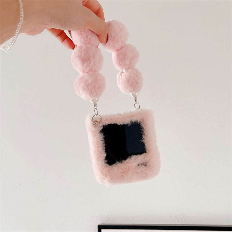 Plush Phone Case with Pom-Pom Chain Strap for Samsung Galaxy Z Flip 4 / 5 / 6 / 7 – Fall Warm Fluffy Shockproof Protective Cover for Women