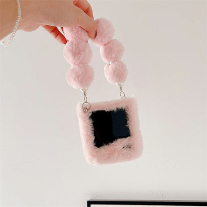 Plush Phone Case with Pom-Pom Chain Strap for Samsung Galaxy Z Flip 4 / 5 / 6 / 7 – Fall Warm Fluffy Shockproof Protective Cover for Women