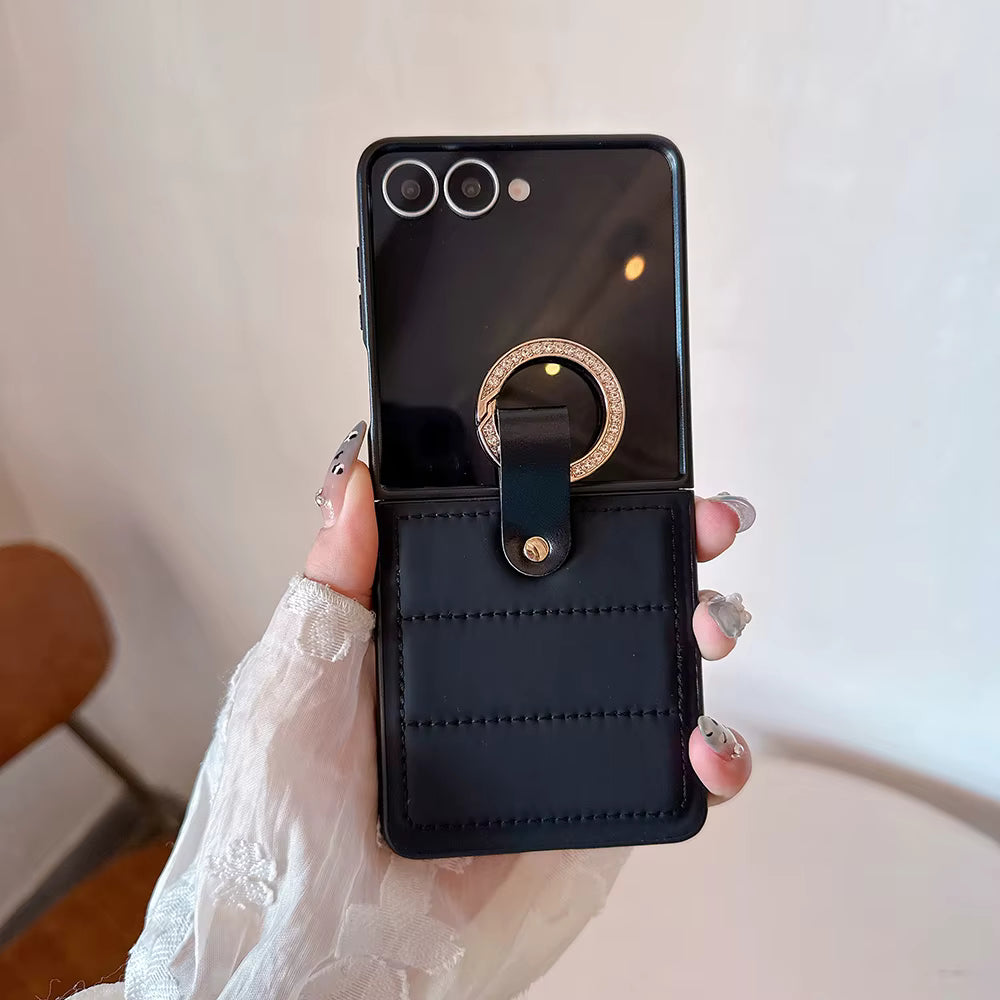 Luxury Plaid Soft Leather Anti-Fall Ring Holder Case for Samsung Galaxy Z Flip 4 / 5 / 6 / 7