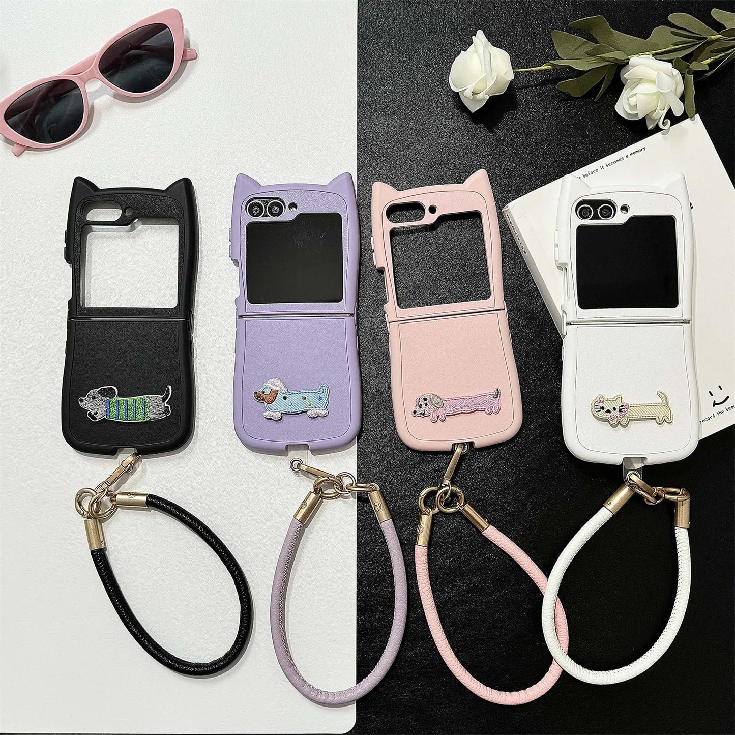 Dopamine Color Embroidery Cat Ear Phone Case with Hand Strap for Galaxy Z Flip 4/5/6