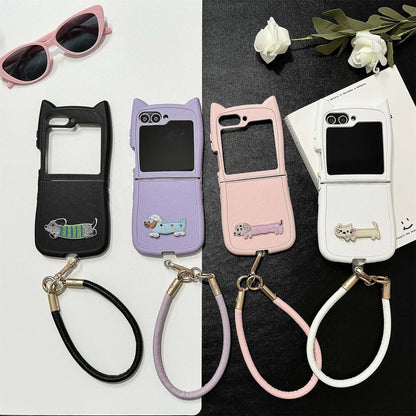 Dopamine Color Embroidery Cat Ear Phone Case with Hand Strap for Galaxy Z Flip 4/5/6