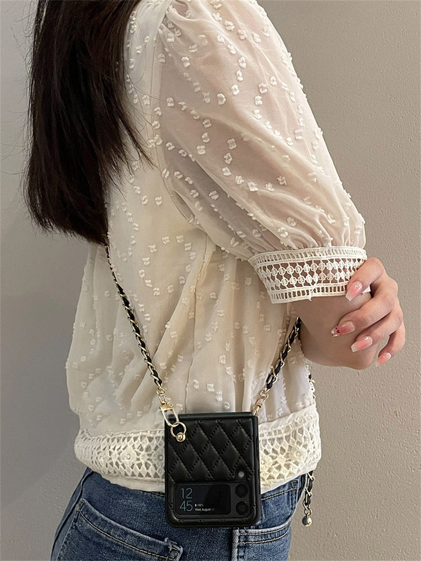 Luxury Adjustable Leather Chain Retro Rhombus Case for Samsung Galaxy Z Flip 4