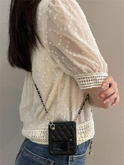 Luxury Adjustable Leather Chain Retro Rhombus Case for Samsung Galaxy Z Flip 4