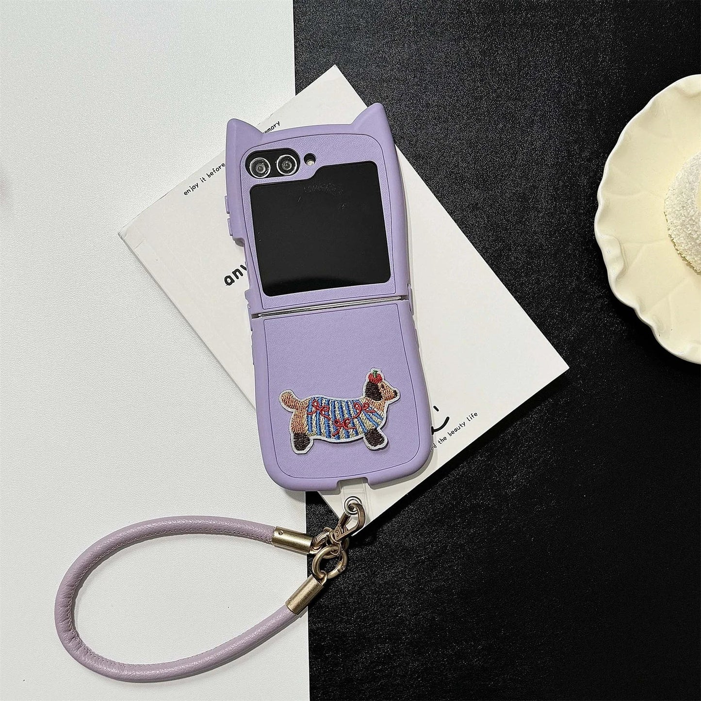 Dopamine Color Embroidery Cat Ear Phone Case with Hand Strap for Galaxy Z Flip 4/5/6