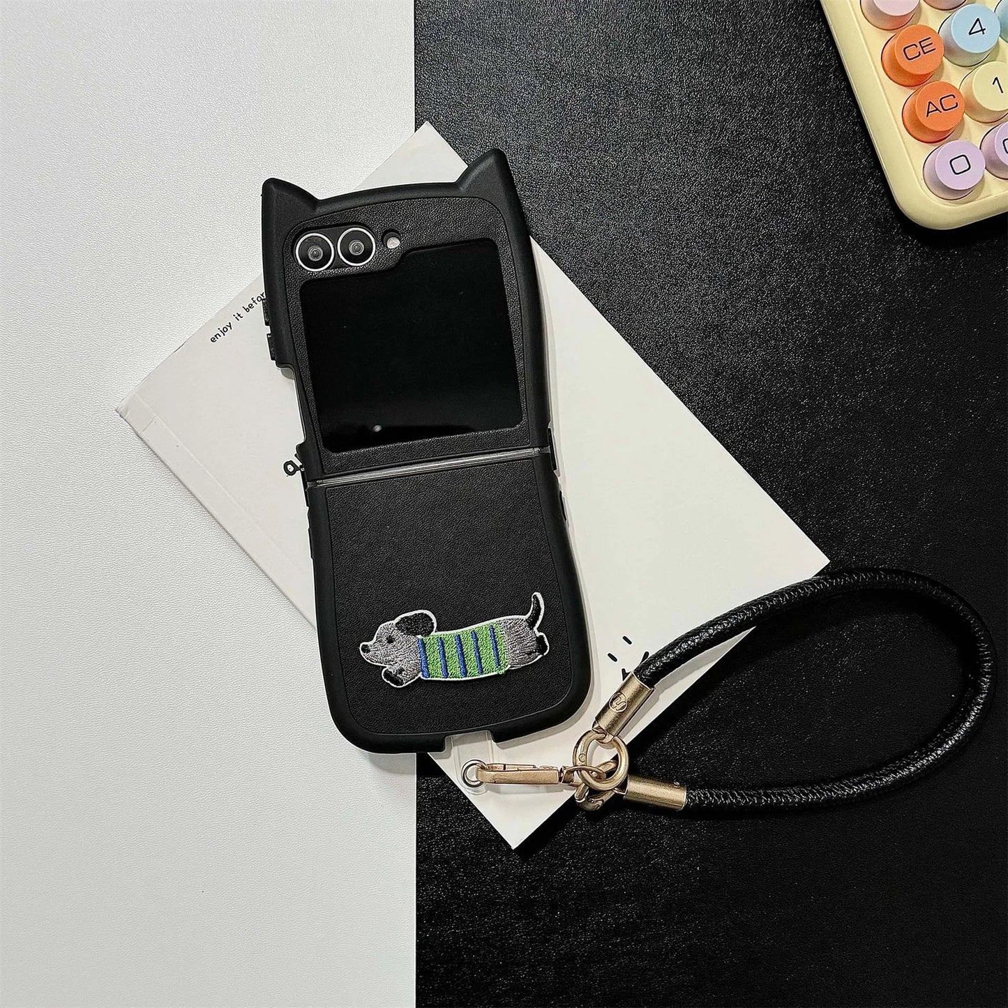 Dopamine Color Embroidery Cat Ear Phone Case with Hand Strap for Galaxy Z Flip 4/5/6