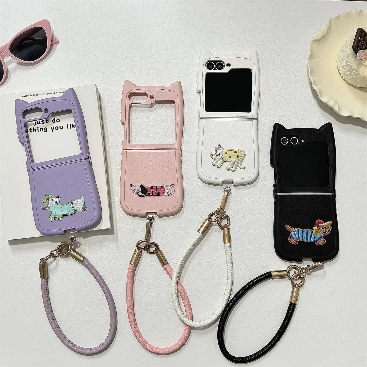 Dopamine Color Embroidery Cat Ear Phone Case with Hand Strap for Galaxy Z Flip 4/5/6