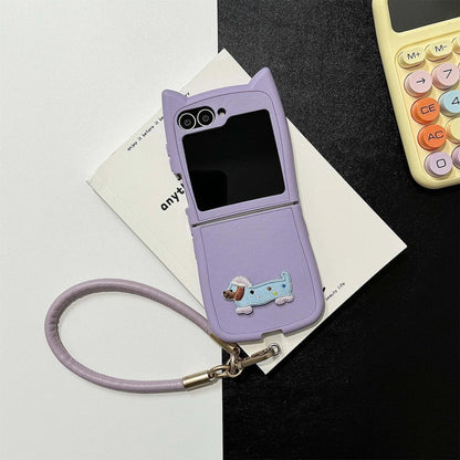 Dopamine Color Embroidery Cat Ear Phone Case with Hand Strap for Galaxy Z Flip 4/5/6