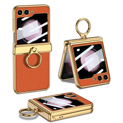 Leather Case With Front Glass & Bracket For Galaxy Z Flip 5