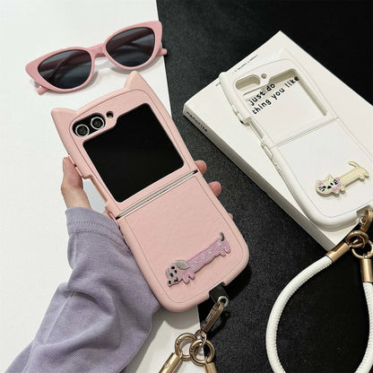 Dopamine Color Embroidery Cat Ear Phone Case with Hand Strap for Galaxy Z Flip 4/5/6