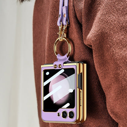 Luxury Leather Case with Ring Holder Lanyard for Samsung Galaxy Z Flip 5