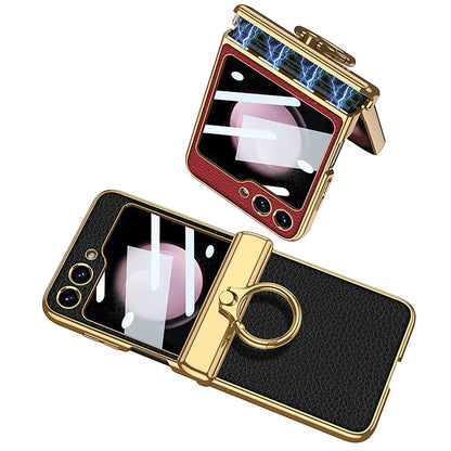 Leather Case With Front Glass & Bracket For Galaxy Z Flip 5