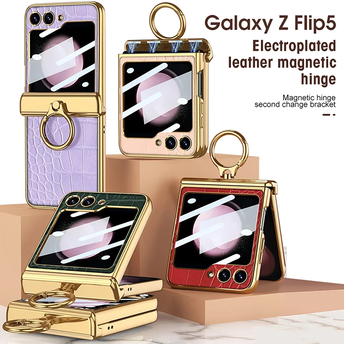Leather Case With Front Glass & Bracket For Galaxy Z Flip 5