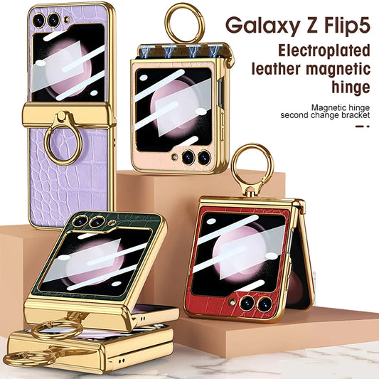 Leather Case With Front Glass & Bracket For Galaxy Z Flip 5