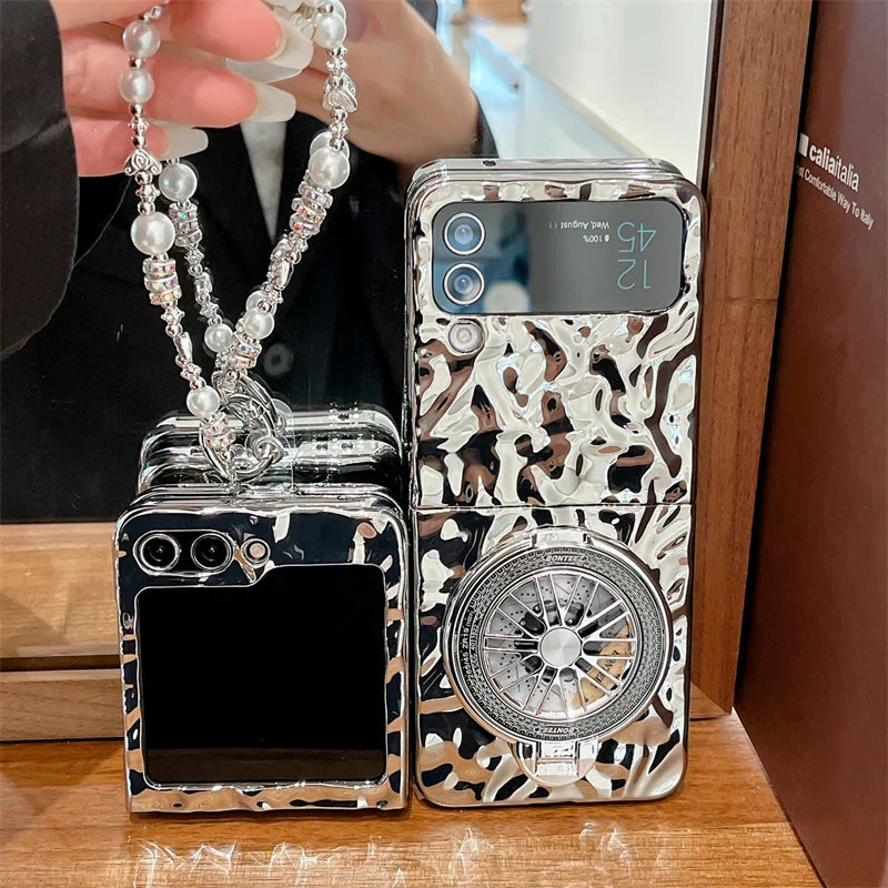 Luxury Silver Folded Texture Stand Phone Case for Samsung Galaxy Z Flip 3/4/5/6