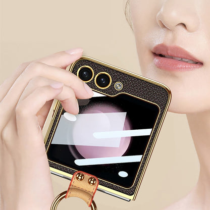 Luxury Leather Case with Ring Holder Lanyard for Samsung Galaxy Z Flip 5