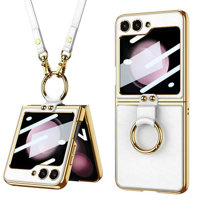 Luxury Leather Case with Ring Holder Lanyard for Samsung Galaxy Z Flip 5