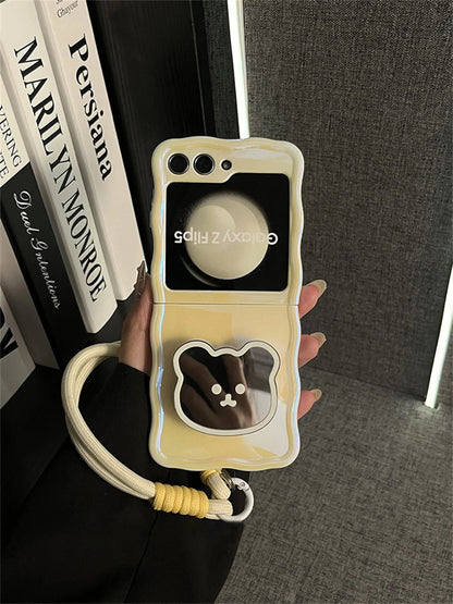 Korean Cute Yellow Case with Bear Mirror & Rope for Samsung Galaxy Z Flip 5/6