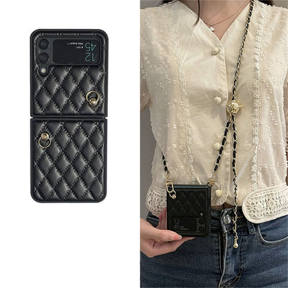Luxury Adjustable Leather Chain Retro Rhombus Case for Samsung Galaxy Z Flip 4