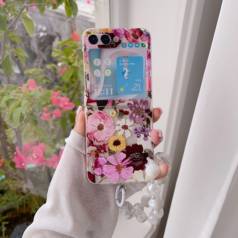 Cute Flowers Painted Case With Bracelet For Samsung Galaxy Z Flip 5