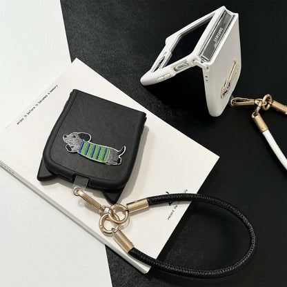 Dopamine Color Embroidery Cat Ear Phone Case with Hand Strap for Galaxy Z Flip 4/5/6