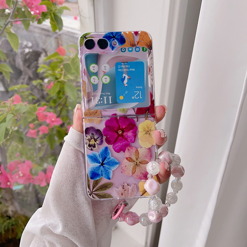 Cute Flowers Painted Case With Bracelet For Samsung Galaxy Z Flip 5