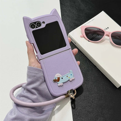 Dopamine Color Embroidery Cat Ear Phone Case with Hand Strap for Galaxy Z Flip 4/5/6