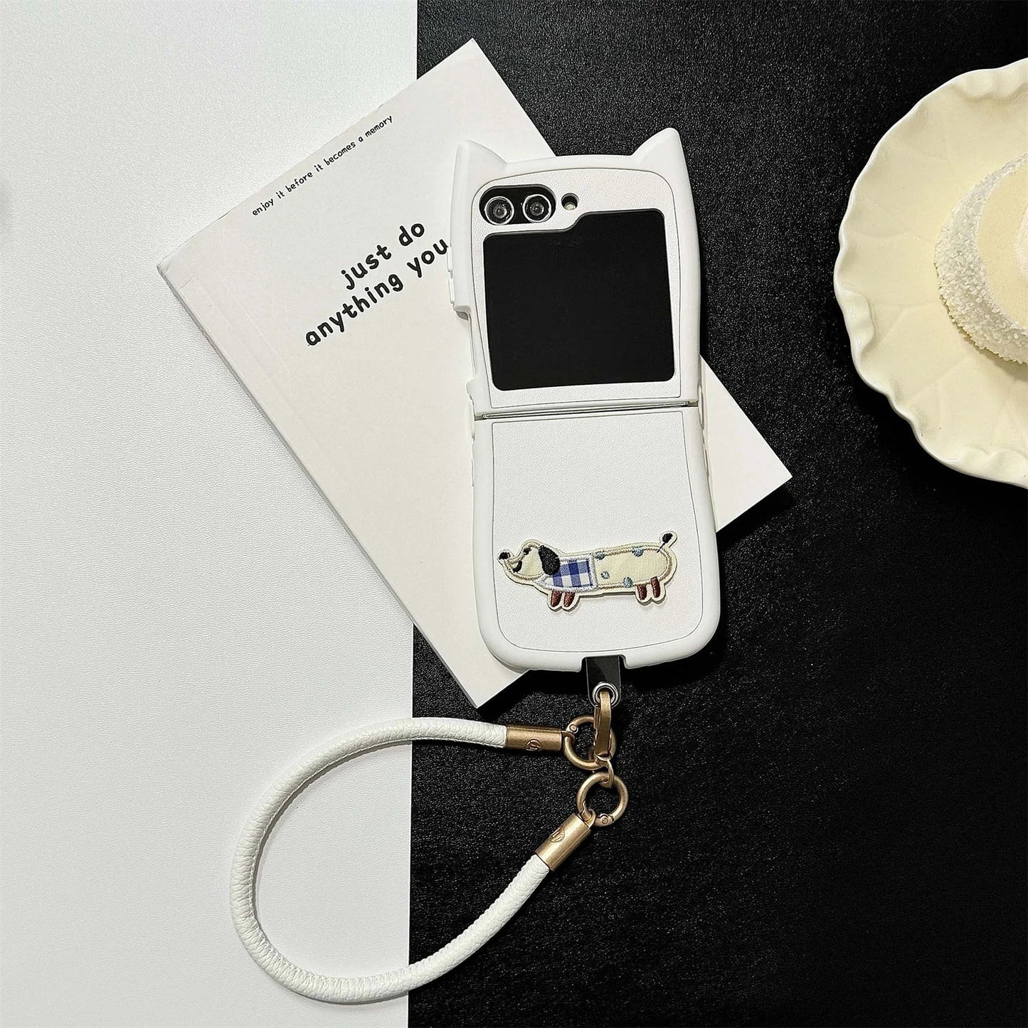 Dopamine Color Embroidery Cat Ear Phone Case with Hand Strap for Galaxy Z Flip 4/5/6