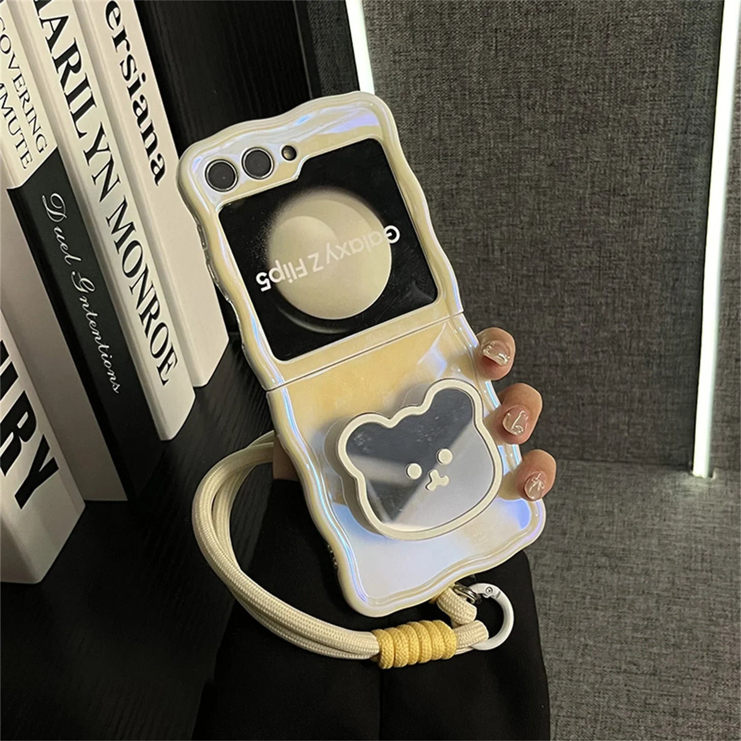 Korean Cute Yellow Case with Bear Mirror & Rope for Samsung Galaxy Z Flip 5/6
