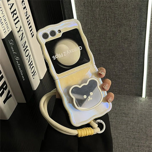 Korean Cute Yellow Case with Bear Mirror & Rope for Samsung Galaxy Z Flip 5/6