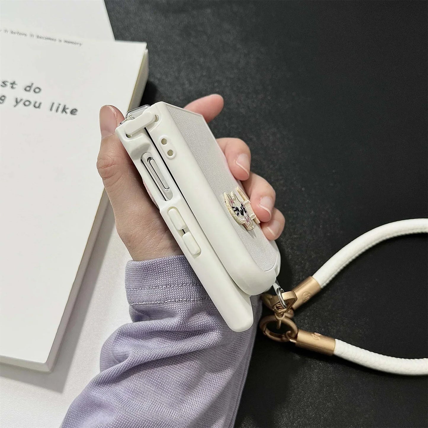 Dopamine Color Embroidery Cat Ear Phone Case with Hand Strap for Galaxy Z Flip 4/5/6