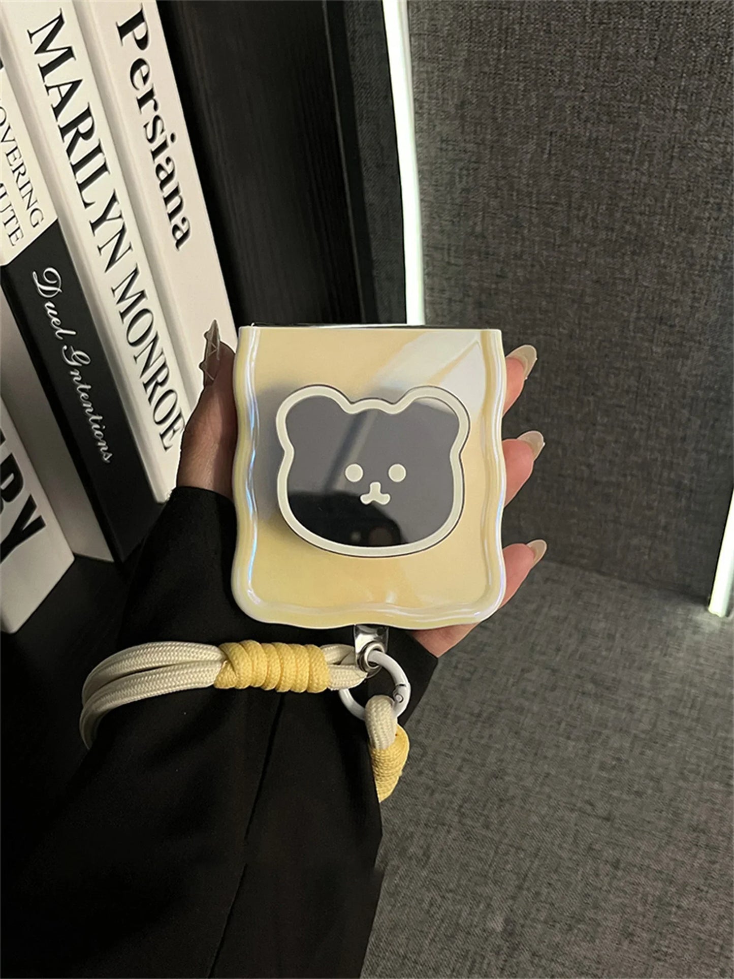 Korean Cute Yellow Case with Bear Mirror & Rope for Samsung Galaxy Z Flip 5/6