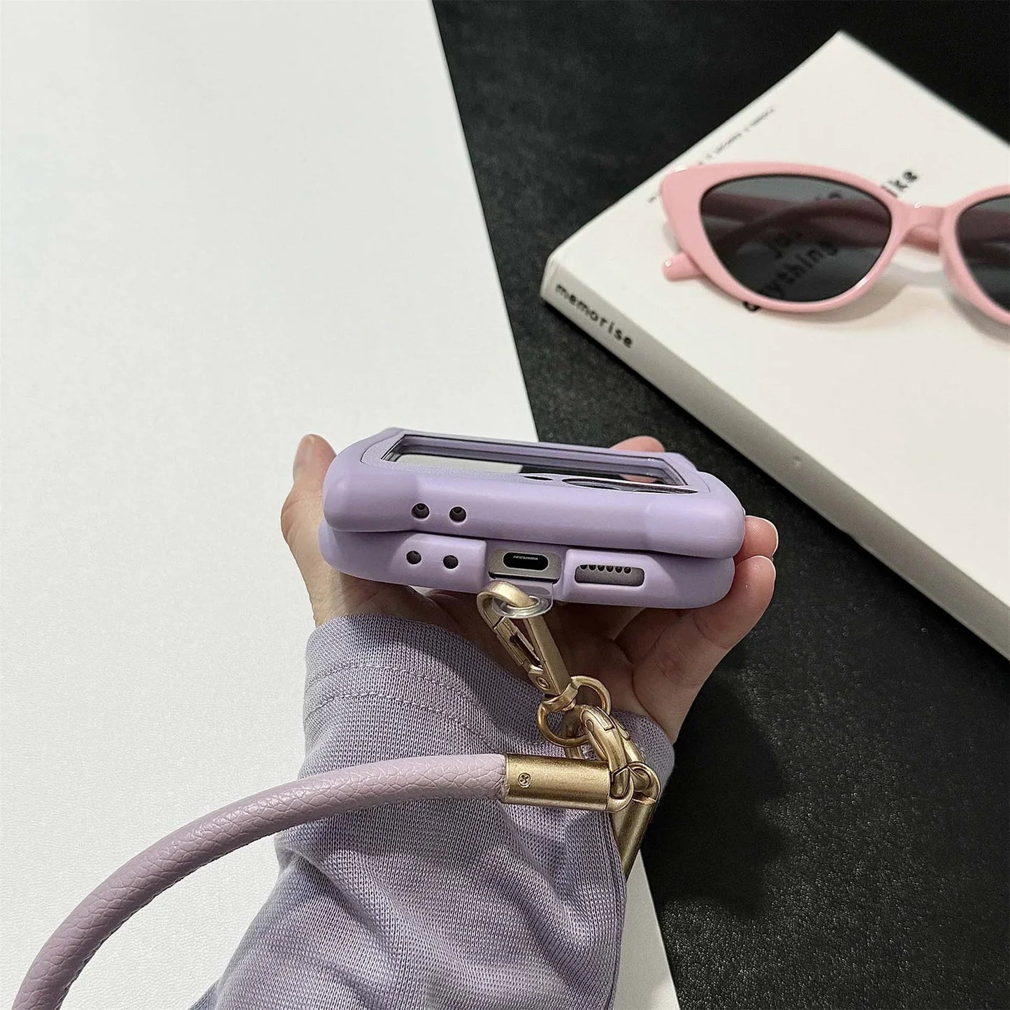 Dopamine Color Embroidery Cat Ear Phone Case with Hand Strap for Galaxy Z Flip 4/5/6