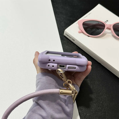 Dopamine Color Embroidery Cat Ear Phone Case with Hand Strap for Galaxy Z Flip 4/5/6