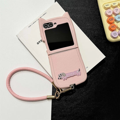Dopamine Color Embroidery Cat Ear Phone Case with Hand Strap for Galaxy Z Flip 4/5/6