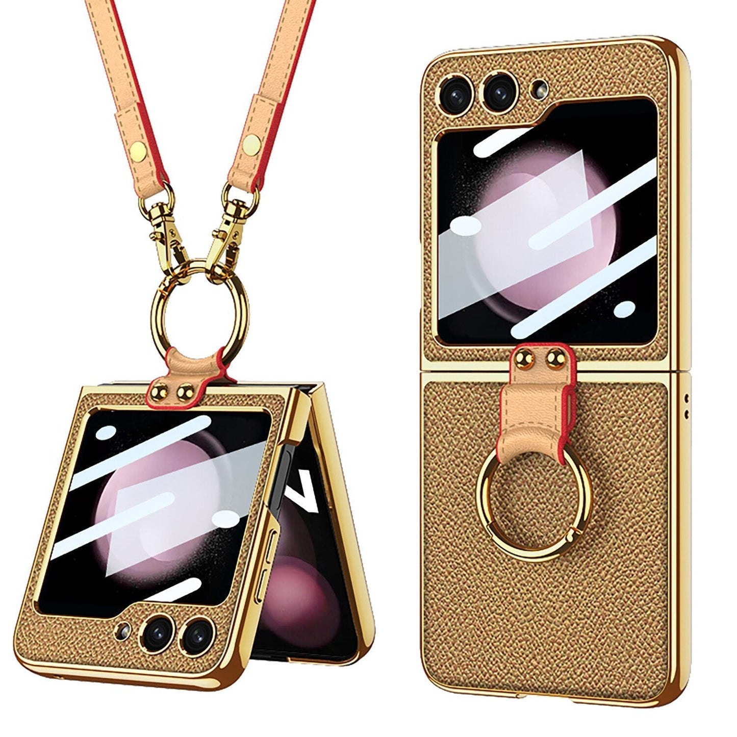Luxury Leather Case with Ring Holder Lanyard for Samsung Galaxy Z Flip 5