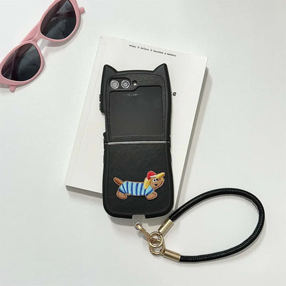 Dopamine Color Embroidery Cat Ear Phone Case with Hand Strap for Galaxy Z Flip 4/5/6