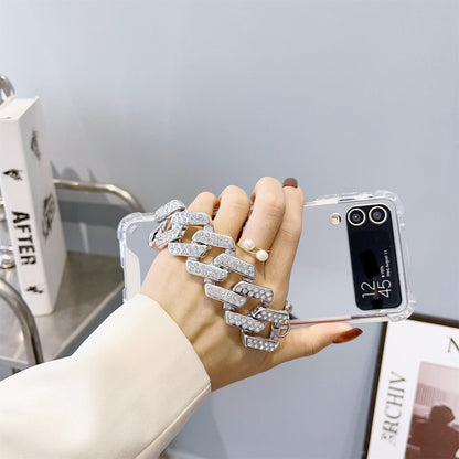 Luxury Mirror Case With Rhinestone Bracelet For Galaxy Z Flip