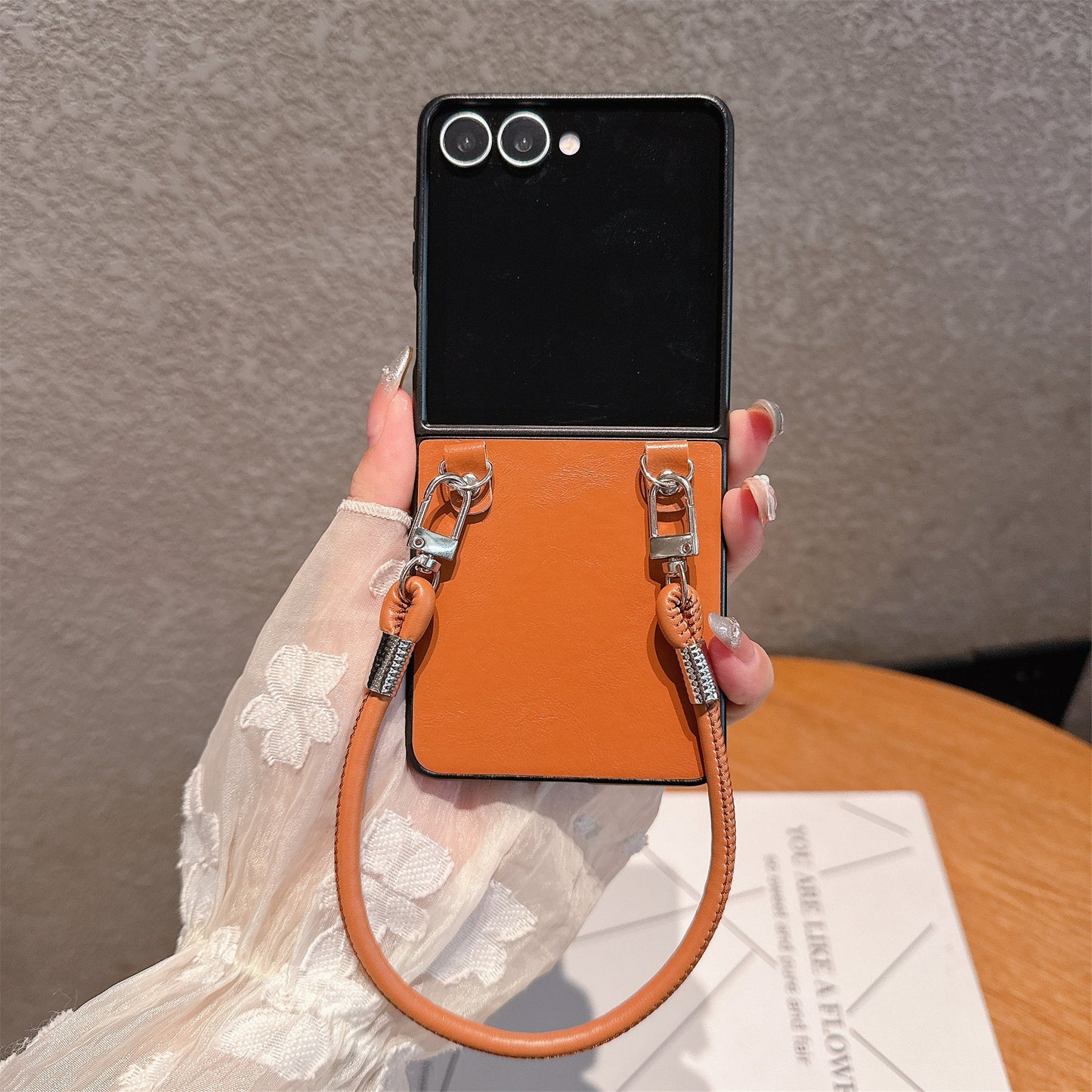 Chic Glossy Leather Z Flip Case with Wrist Strap