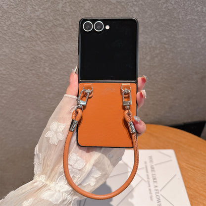 Chic Glossy Leather Z Flip Case with Wrist Strap